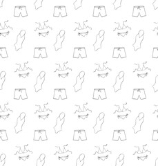 Swimsuit and shorts Vector seamless pattern. Vector graphic line ink illustration. Banner, poster, wrapping paper, sticker, print, modern textile design. For logo, web, package, sticker.