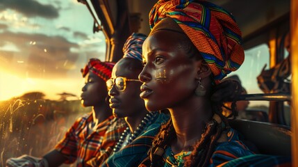 Fototapeta premium a group of people are sitting on a bus looking out the window at the sunset