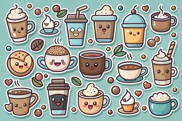Kawaii Coffee Stickers: Cool Color Clipart Illustration Collection