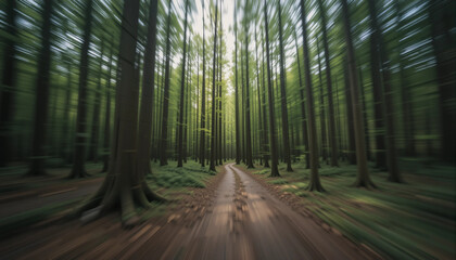 Obraz premium Journey Through the Forest: A mesmerizing pathway carved through a dense forest, inviting exploration and evoking a sense of serenity. Towering trees form a natural tunnel.