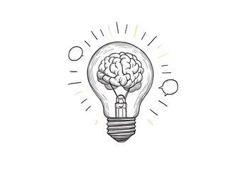 Quick tips. Trendy modern line art featuring a continuous line drawing of a light bulb with a brain and speech bubble. Simple, contemporary illustration on a white background.