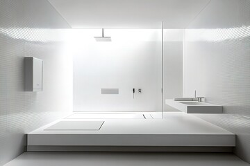 Fototapeta premium A minimalist, sleek bathroom with a frameless shower, floating vanity, and white tile walls for simplicity