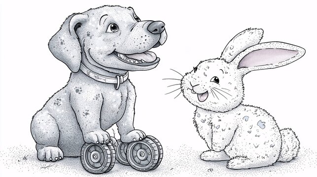 born without front legs using custom wheels, looking up at a smiling bunny, both characters joyful, white background, clean detailed drawing dog without legs wheels bunny friend pet animal white 