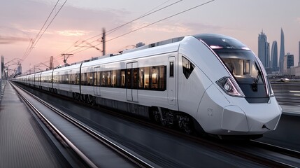 Naklejka premium A high-speed train glides swiftly along tracks, framed against a stunning sunset and urban skyline, showcasing modern engineering