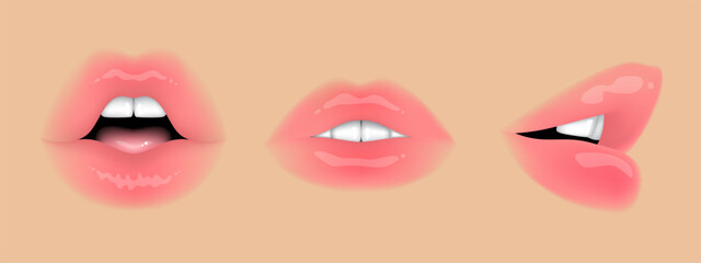 Beautiful female naturalistic lips in nude style, without makeup, on beige skin background. Set of vector illustrations