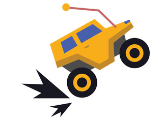 Yellow toy car jumping with sparks