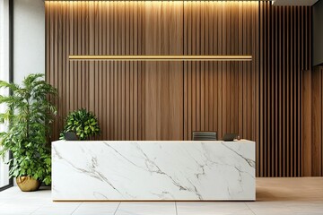 Modern reception desk, warm tones, natural wood