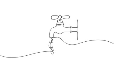 Water faucet with a drop of water one line drawn, Single one line drawing water drop coming out of the water tap. Metaphor. Lifestyle threatens the world to be hit by drought.