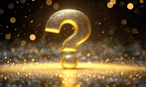 Glittering golden question mark on dark sparkly background.