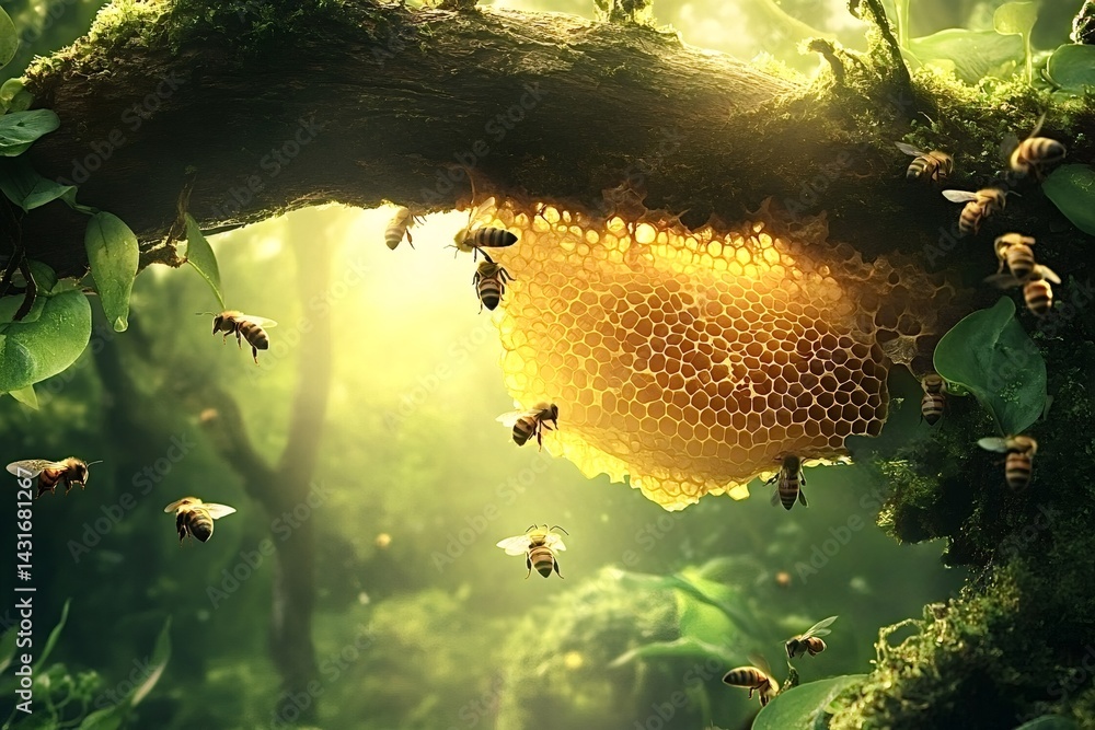 Poster numerous bees are buzzing around a large honeycomb hanging from a moss-covered tree branch in a vibr