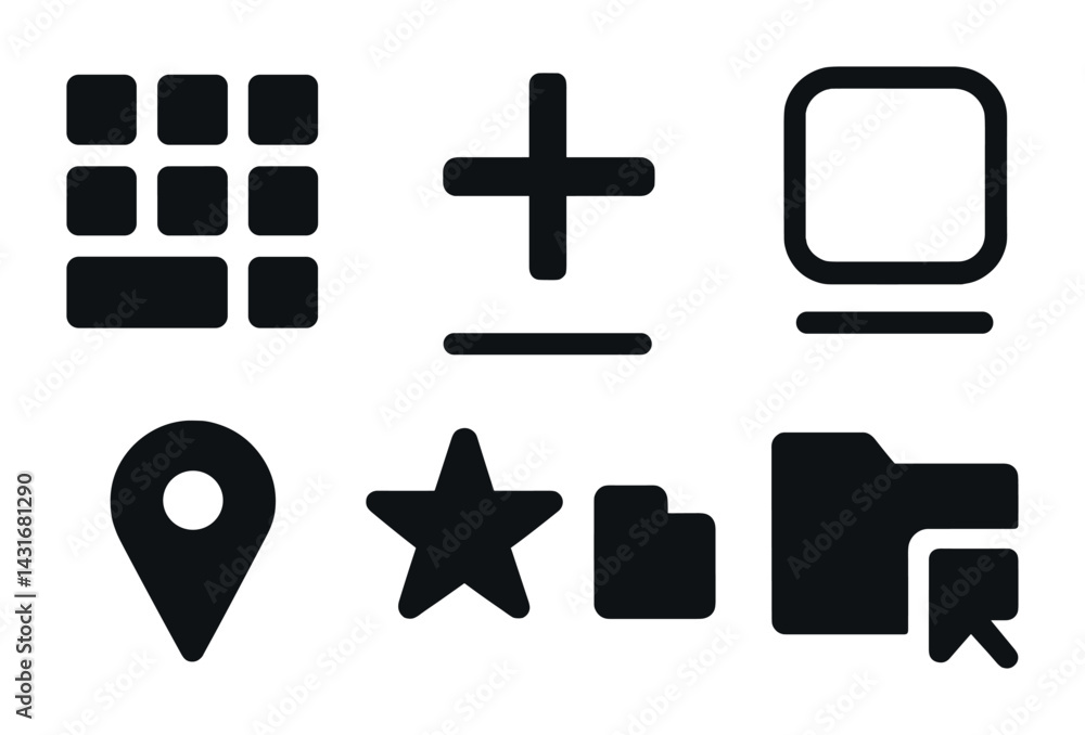 Aufkleber web interface solid icon set – filled style navigation, digital, and online tools for ui design: gri
