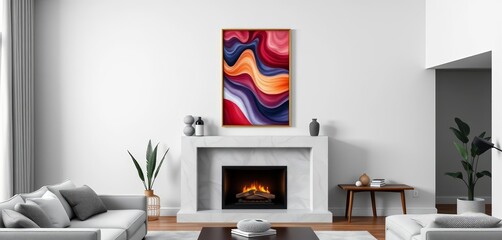 Modern gray living room corner fireplace with minimalist poster above, chic, stylish