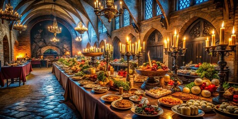 Obraz premium Lavish Medieval Banquet: Double Exposure of Grand Hall Feast