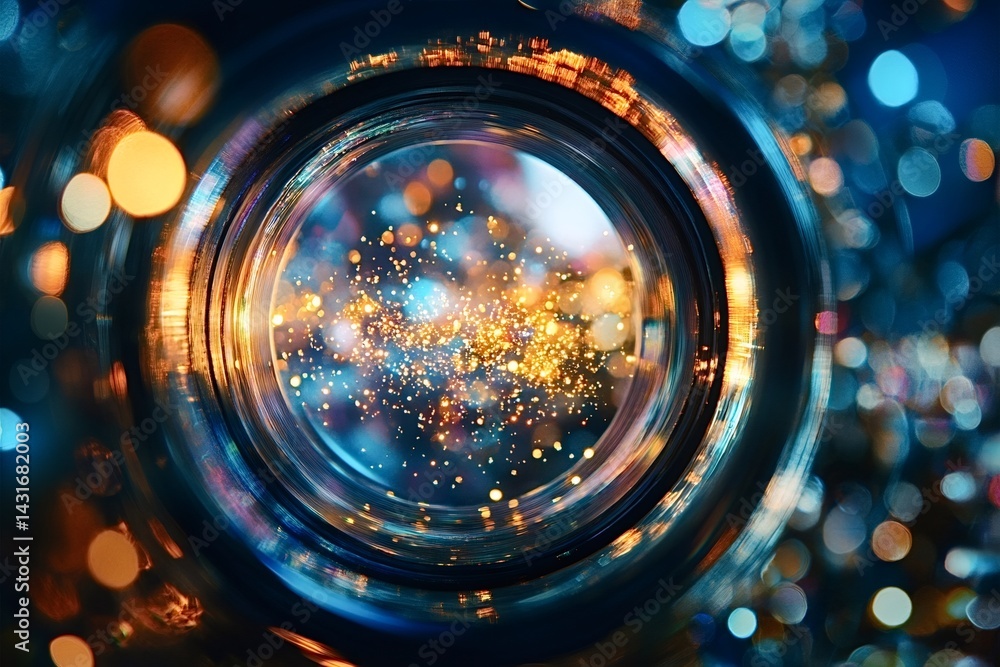 Aufkleber golden particles are swirling inside a glass tube, creating a mesmerizing visual with a bokeh effect