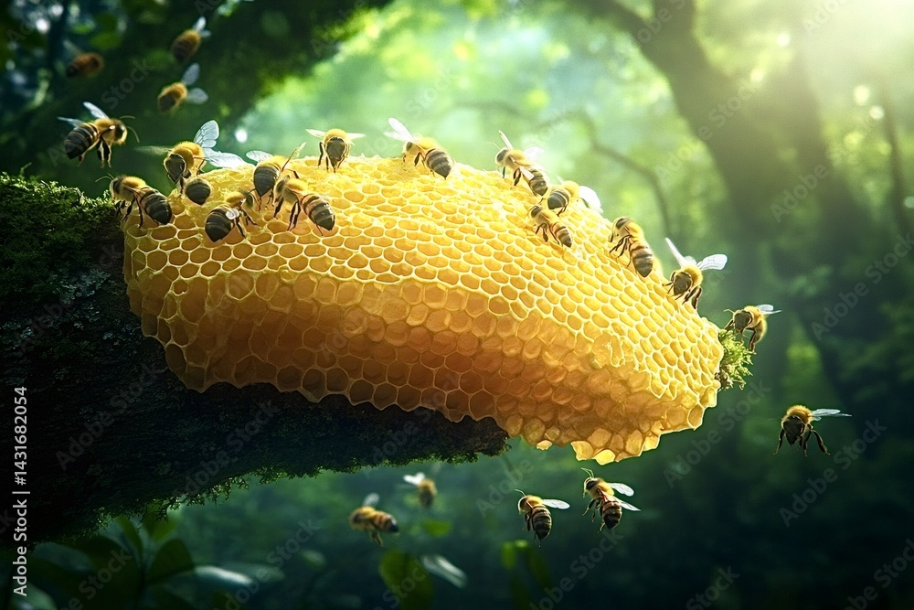 Aufkleber numerous bees working on a honeycomb attached to a moss-covered branch in a vibrant, sunlit forest h