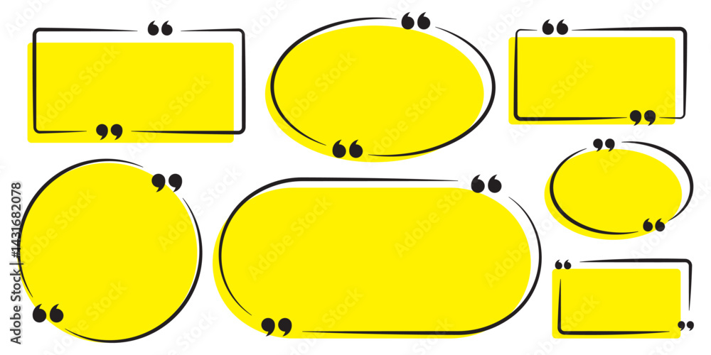 Poster collection of yellow quote box frames and icons. empty speech and quote bubbles. yellow quote box fr