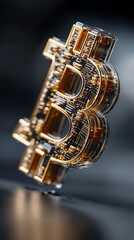 Obraz premium Golden Bitcoin symbol floats against a dark background, symbolizing digital wealth, decentralized power, and the futuristic allure of cryptocurrency in a mysterious and evolving financial world.