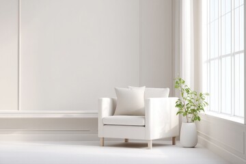 minimalist modern living room with single armchair next to large window