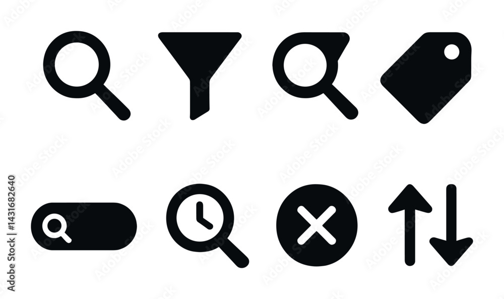 Aufkleber search and filter solid icons set – filled style for e-commerce and online navigation: magnifying gl