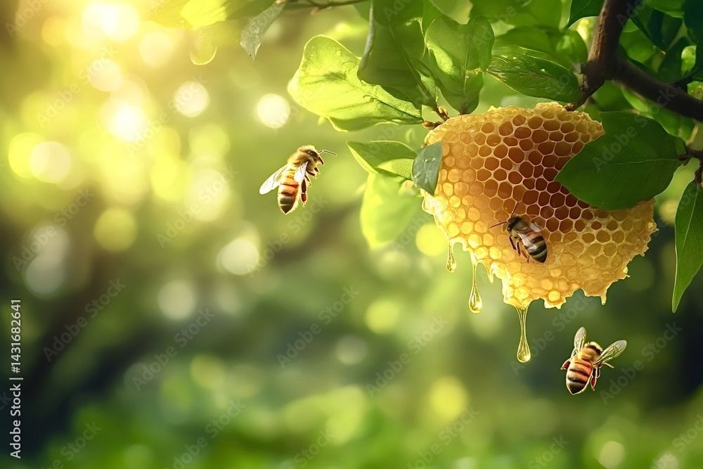 Aufkleber bees are flying around honeycomb dripping honey attached to a tree branch in a forest with warm sunl