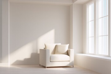 minimalist modern living room with single armchair next to large window