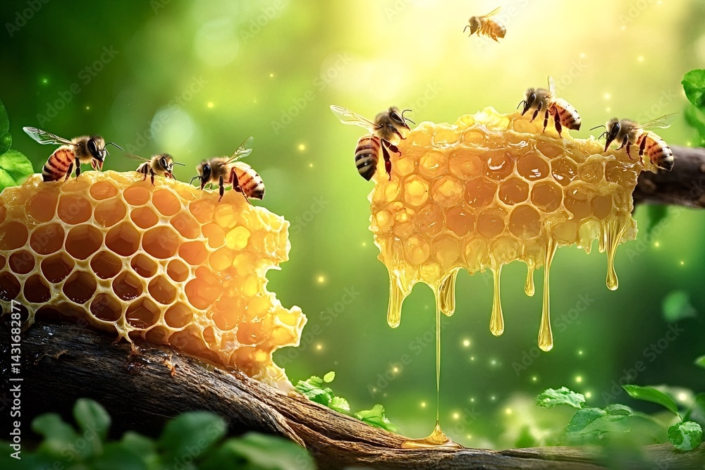 Poster honey bees are working on golden honeycomb with dripping honey on a tree branch in a lush green fore