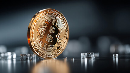 Golden Bitcoin symbol floats against a dark background, symbolizing digital wealth, decentralized power, and the futuristic allure of cryptocurrency in a mysterious and evolving financial world.

