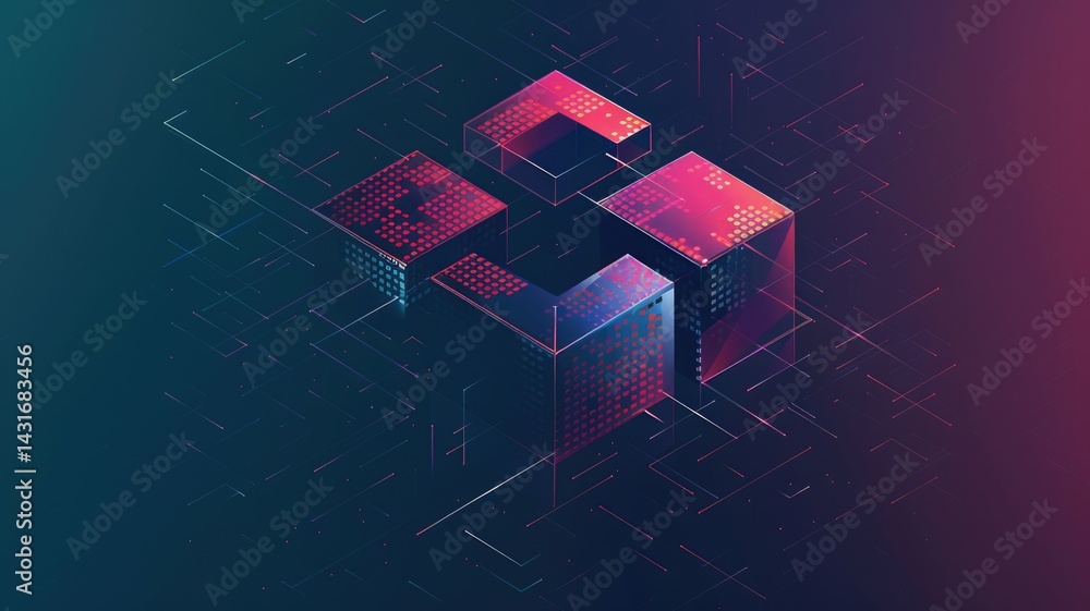 Poster 3d metallic geometric shape on a dark background. digital artwork of 3d rendering cube with various 