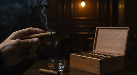 Hand shot of cigarette, cigar, cigarette box, product photo,  
