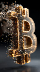 Golden Bitcoin symbol floats against a dark background, symbolizing digital wealth, decentralized power, and the futuristic allure of cryptocurrency in a mysterious and evolving financial world.

