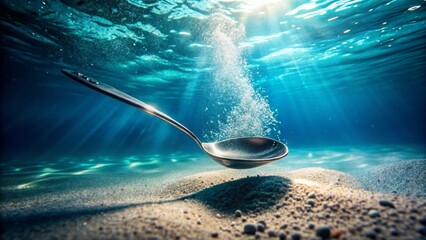 Submerged Ladle An Underwater Scene of a Silver Spoon Resting on Ocean Floor Sand with Bubbles Rising