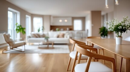 Fototapeta premium Scandinavian interior design featuring a stylish chair amidst greenery in a bright living space ideal for showcasing products or text