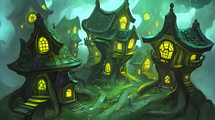 village deep within an ancient forest, with tiny glowing homes built into the roots of massive trees 