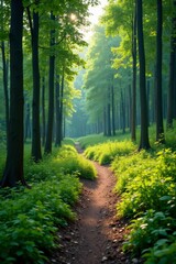 Fototapeta premium Panoramic view of serene hiking trail through lush forest, landscape, adventure, exploration