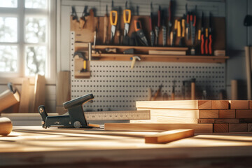 Woodworking in bright workshop with hand tools