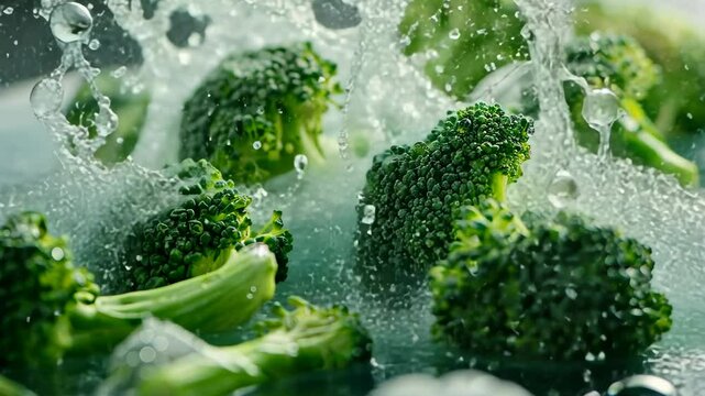 Falling broccoli with water droplets