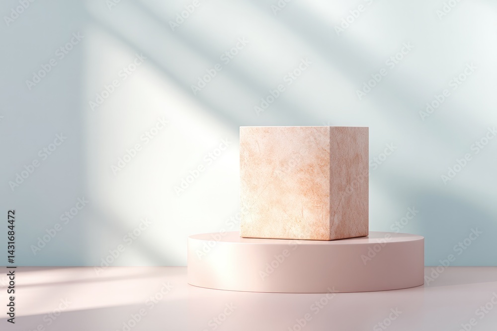 Poster minimalistic empty podium elegantly lit with soft shadows providing ideal display area for perfumes