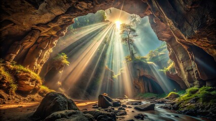 Obraz premium Long Exposure Cave Light Rays: Mystical Sunbeams Illuminating Dark Cave Entrance