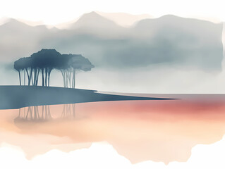 Misty Lake  and Pines Landscape | JPG | 300 DPI