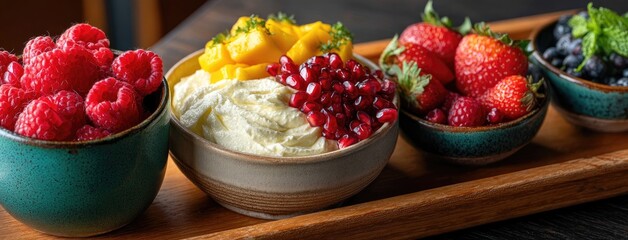 Bright bowl of Greek yogurt adorned with fresh mango, blackberries, pomegranate seeds, and mint leaves on a wooden surface
