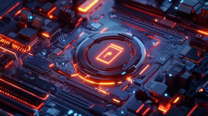 Fototapeta premium Cyber security, data protection, glowing circuit board, digital lock, tech background