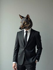 Mysterious man in suit and animal mask on neutral background