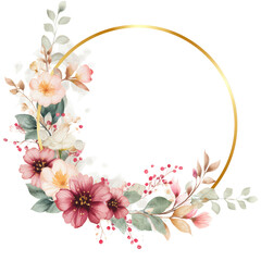 Fototapeta premium PNG Spring color flowers on gold glitter circle frame art watercolor elegant.