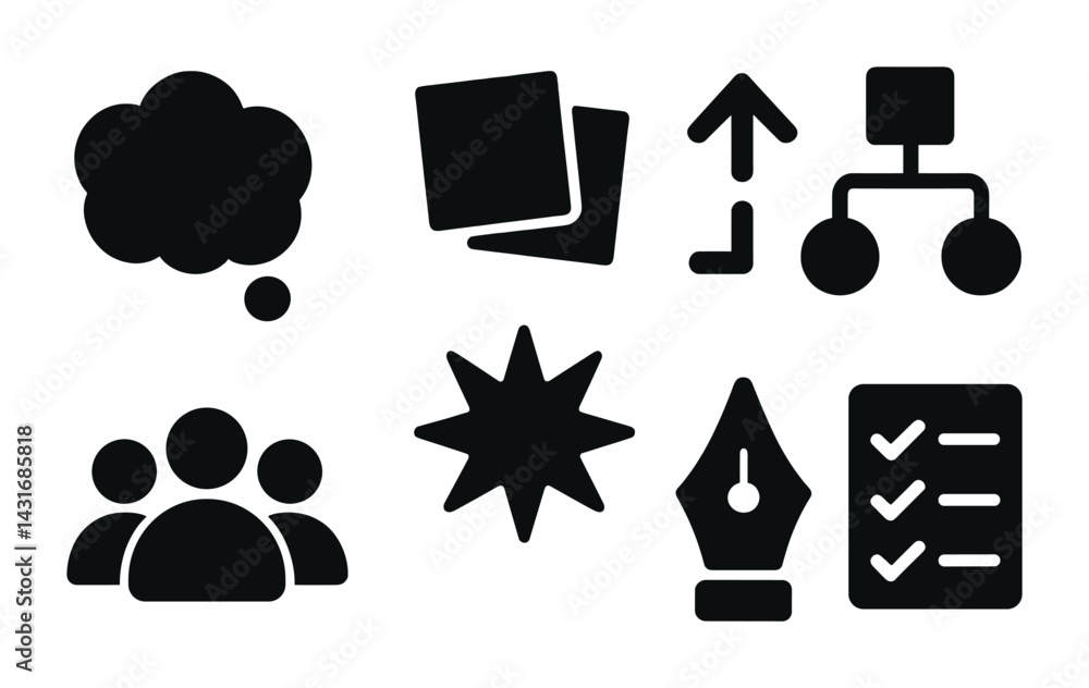 Poster business communication and organization solid icons – filled style for workflow and strategy: cloud,