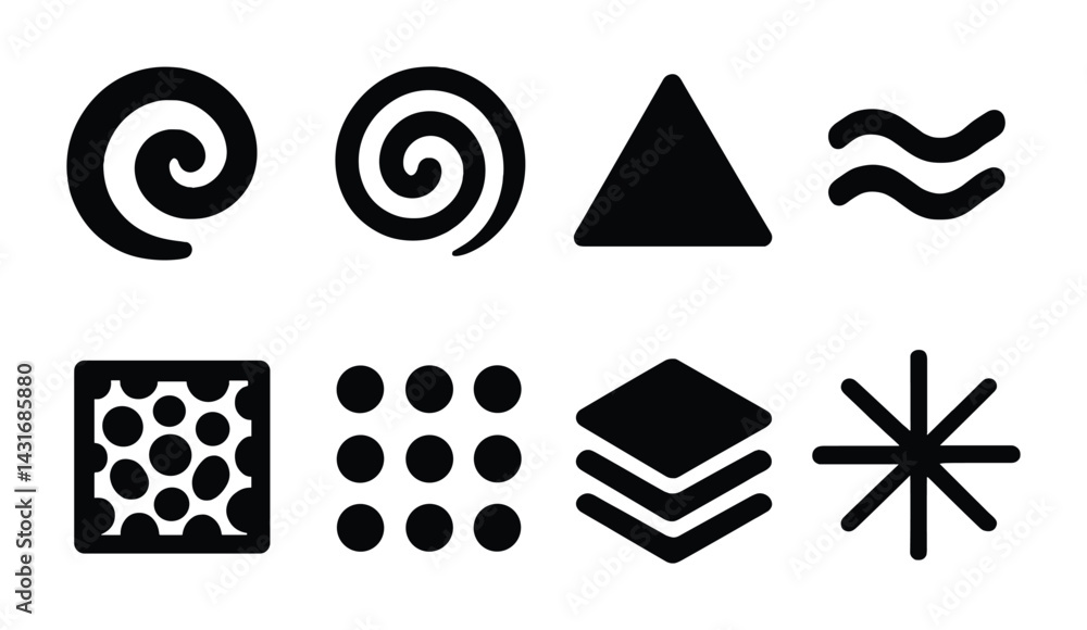 Poster geometric shape icons set – solid style minimalist patterns and abstract symbols for design projects