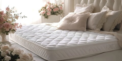 A white quilted mattress with pillows in a softly-lit bedroom with a tufted headboard.