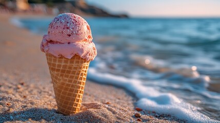 An ice cream cone set against a sandy beach background, evoking feelings of summer fun and relaxation