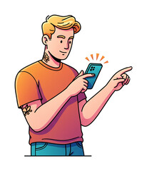 明るい色彩 ポップなイラスト 若い男性 スマートフォン操作 指さし笑顔