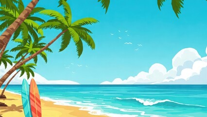 Fototapeta premium Summer Wallpaper 4K HD High Quality Summer Background Pictures – Tropical Beach with Palm Trees and Surfboards