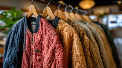 A collection of woolen jackets in various colors and styles hang gracefully on wooden hangers, illuminated by natural light